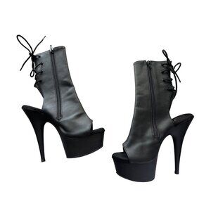 Pleaser Delight Black Leather Platform Ankle Boots Peep Toe Open Back Size 8